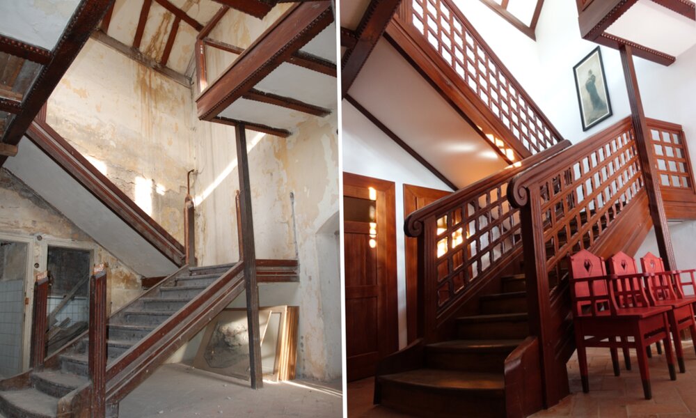 Schodiště v šesté bráně před rekonstrukcí a po rekonstrukci